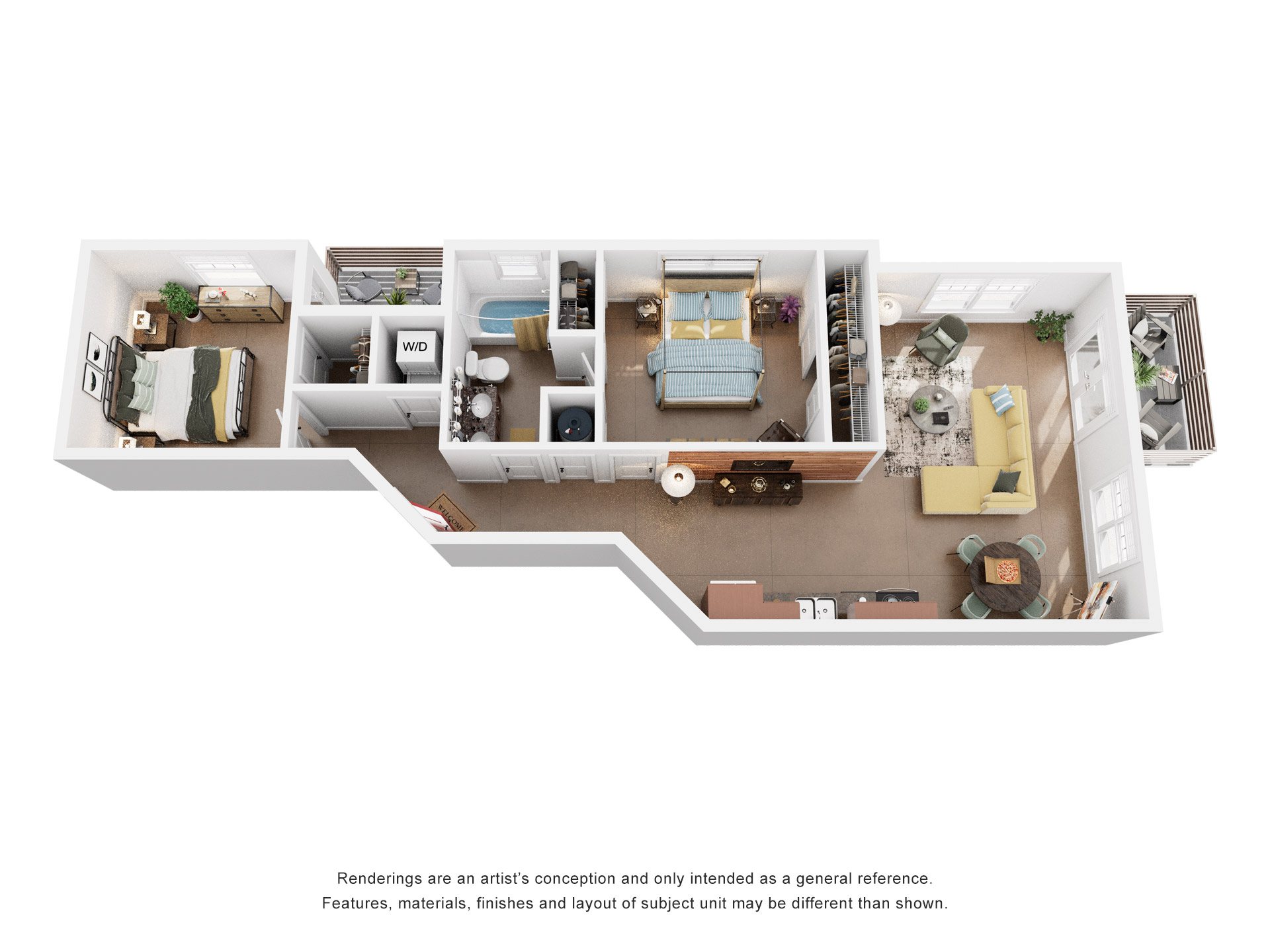 Floor plan for 2 beds, 1 bath, 1069 sqft